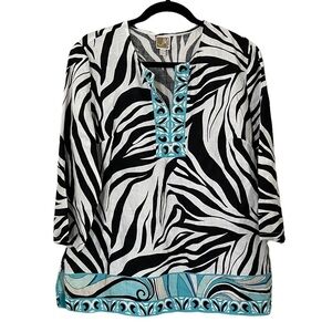 JM Collection Zebra Print Women’s Linen Tunic Top Lagenlook Blouse Sz M